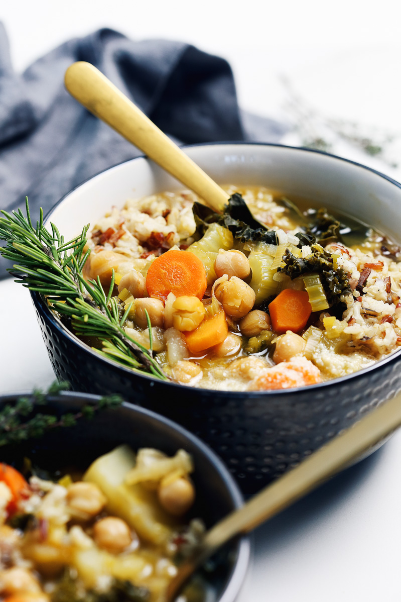 Chickpea Soup by Pasta-based. Hearty, warm, vegetable-filled, chunky, fortifying soup with carrots, celery, leeks, potatoes, garlic, kale, and chickpeas.