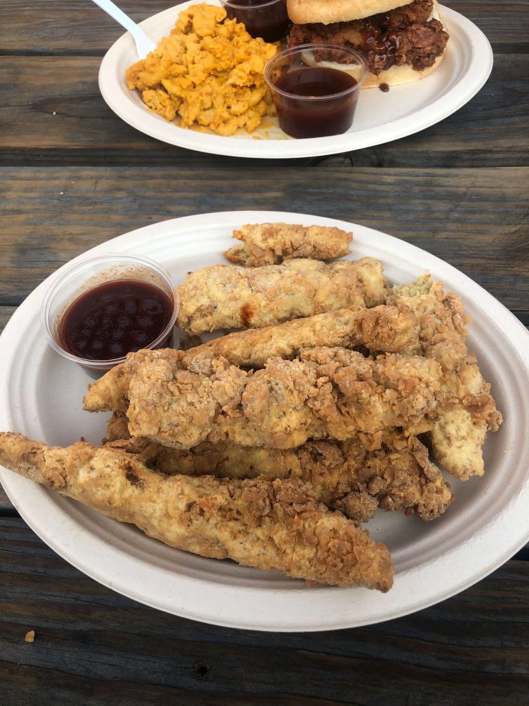 The Ultimate Guide to the BEST Vegan Food in Denver. Crunchy vegan chicken strips from Pescky Kitchen.