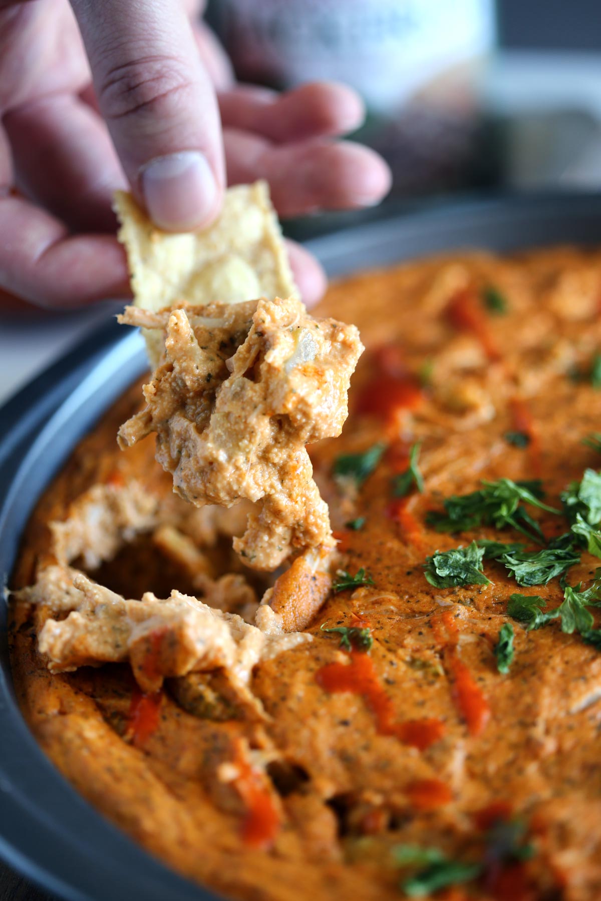 Creamy Vegan Buffalo Jackfruit Dip with Vegan Cheese. The Perfect Snack for Football Season.