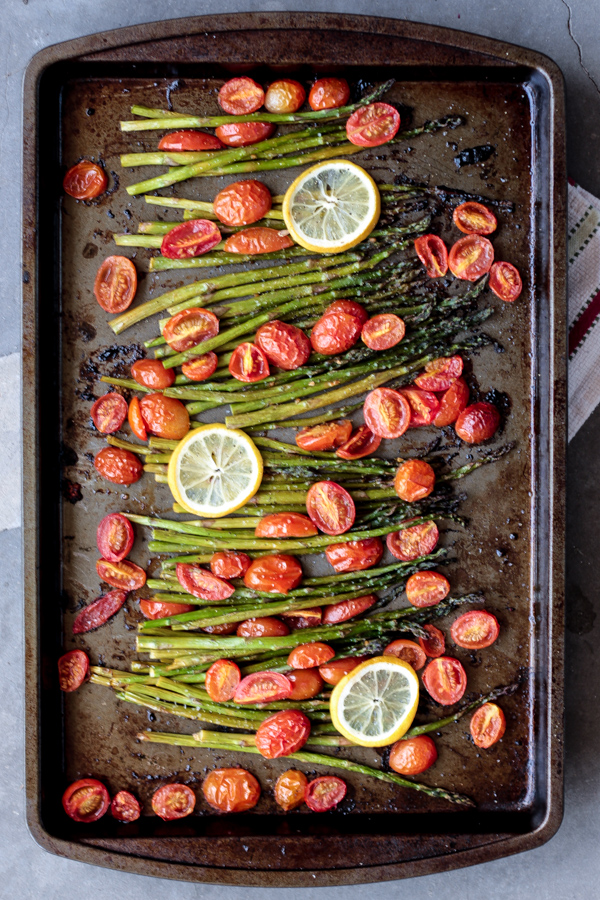 Cashew Lemon Alfredo with Roasted Asparagus and Grape Tomatoes