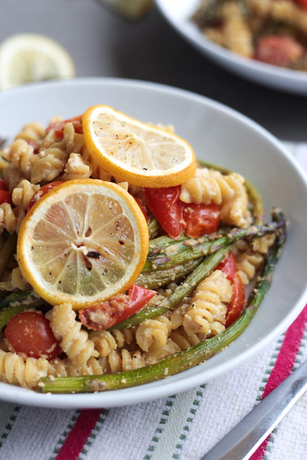 Vegan Creamy White Wine Lemon Alfredo Rotini with Roasted Asparagus and Grape Tomatoes