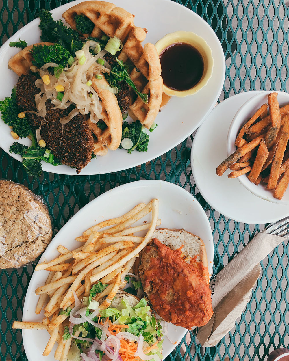 The Ultimate Guide to the BEST Vegan Food in Denver. Chicken and waffles from Native Foods Cafe.