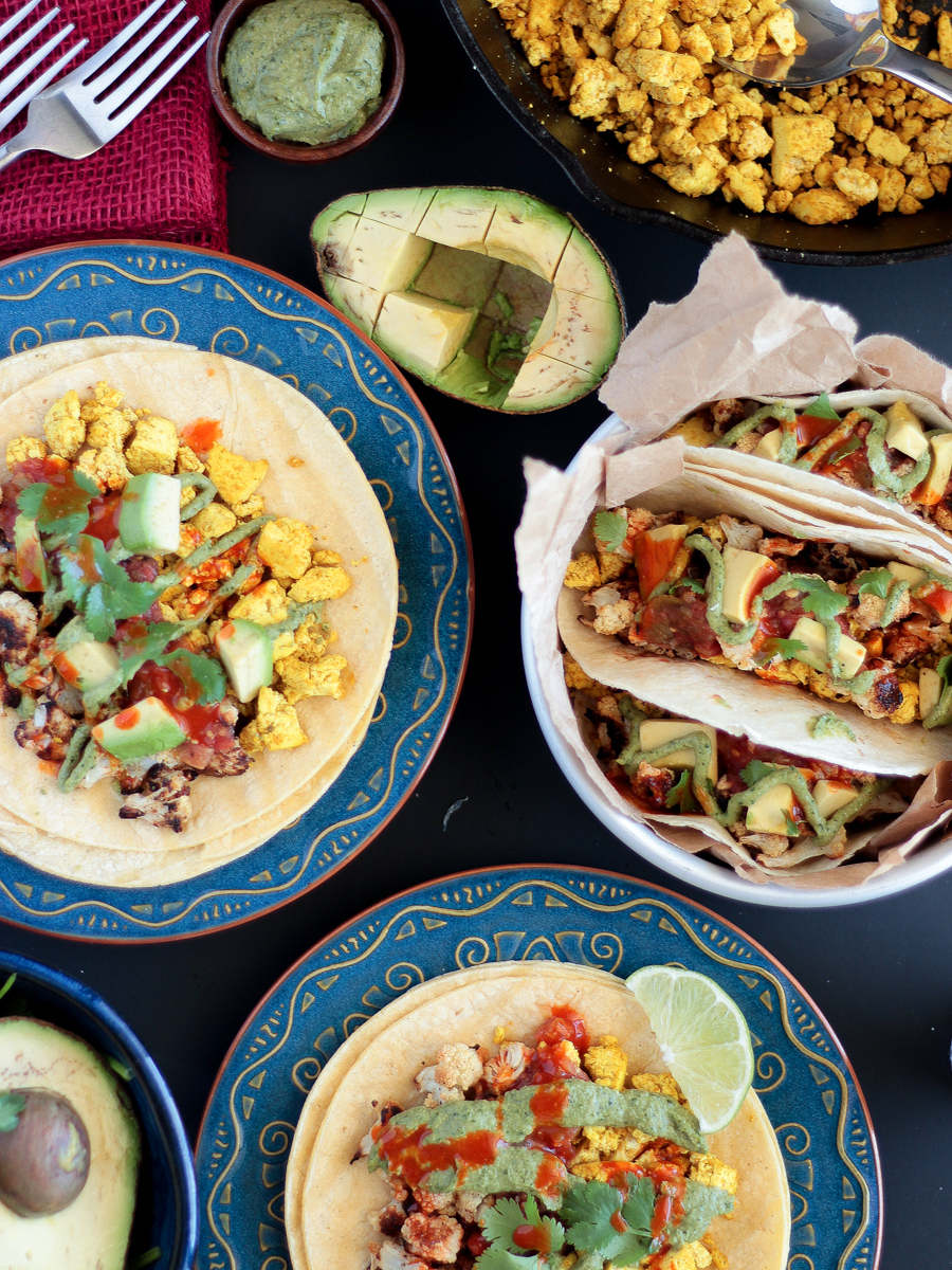 Vegan Breakfast Tacos with Roasted Cauliflower and Spicy Tofu Scramble