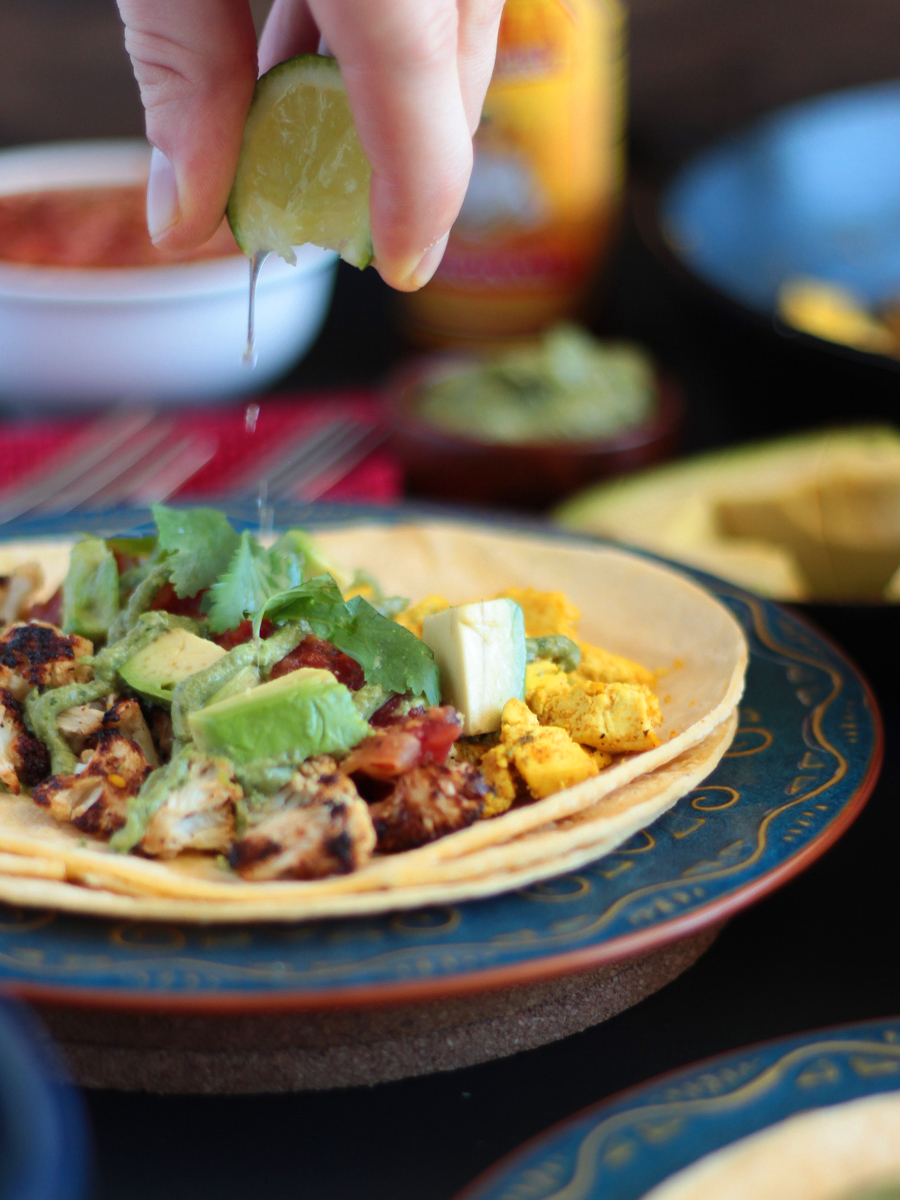 Vegan Gluten Free Breakfast Tacos with Roasted Cauliflower and Spicy Tofu Scramble