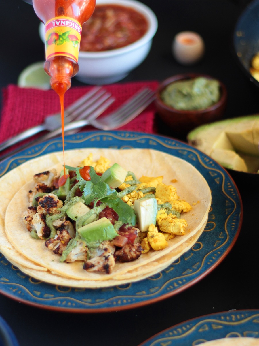 Vegan Gluten Free Breakfast Tacos with Roasted Cauliflower and Spicy Tofu Scramble