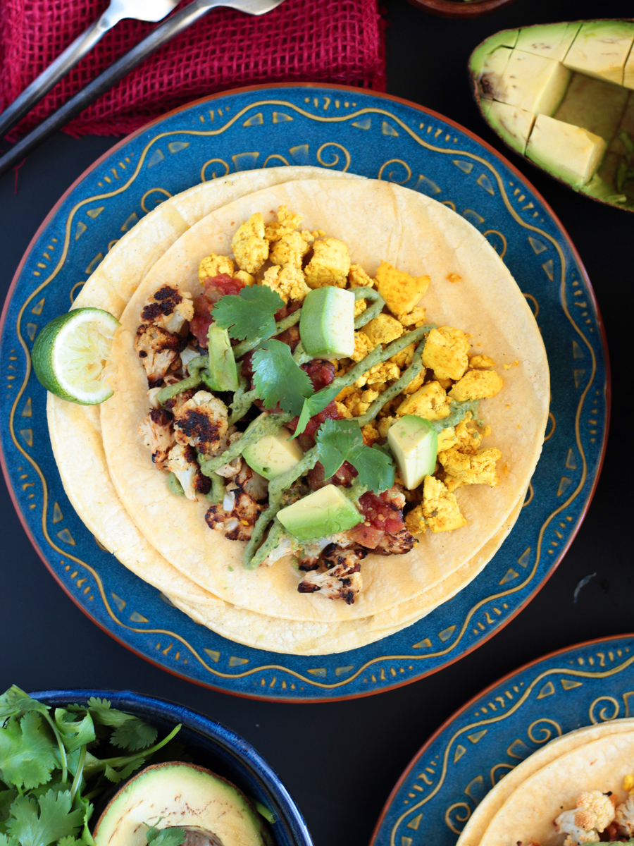 Vegan Gluten Free Breakfast Tacos with Roasted Cauliflower and Spicy Tofu Scramble