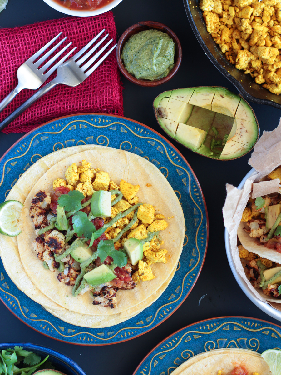 Vegan Gluten Free Breakfast Tacos with Roasted Cauliflower and Spicy Tofu Scramble