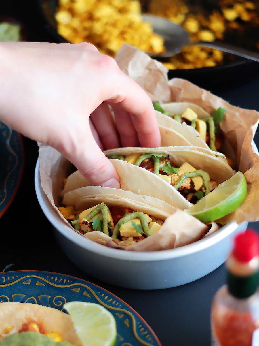 Vegan Gluten Free Breakfast Tacos with Roasted Cauliflower and Spicy Tofu Scramble