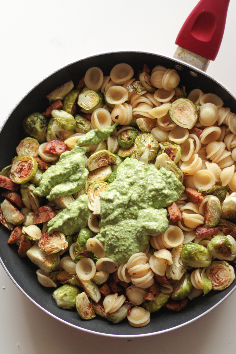 Basil Pesto Pasta with Vegan Sausage and Roasted Brussels Sprouts