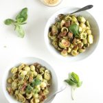 Roasted Brussels Sprouts and Vegan Italian Sausage tossed in Hearty Basil Pesto