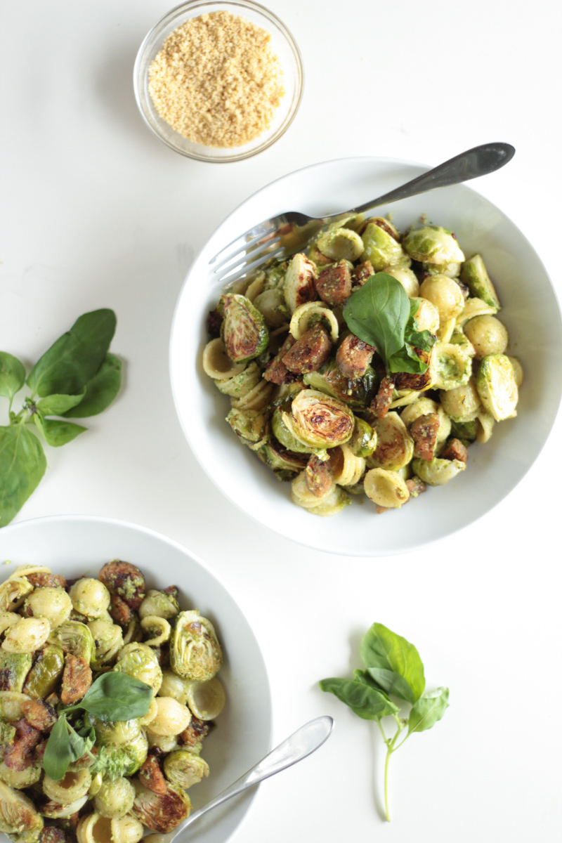 Roasted Brussels Sprouts and Vegan Sausage Tossed in Herby Vegan Pesto