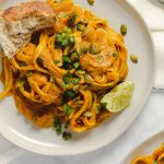 Vegan Pumpkin Curry Pasta by Pasta-based. A plate of fettuccine smothered in creamy, luscious, coconut-pumpkin curry sauce. Garnished with a freshly squeezed lime wedge, bright green chopped green onions, and roasted pepitas. Served with a piece of kalamata, olive, garlic bread.