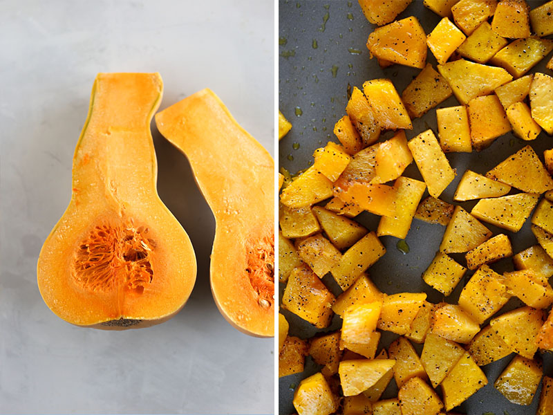 On the left, bright orange, raw, butternut squash sliced in half on a light grey countertop. On the right, cubed and roasted butternut squash on a silver baking sheet.