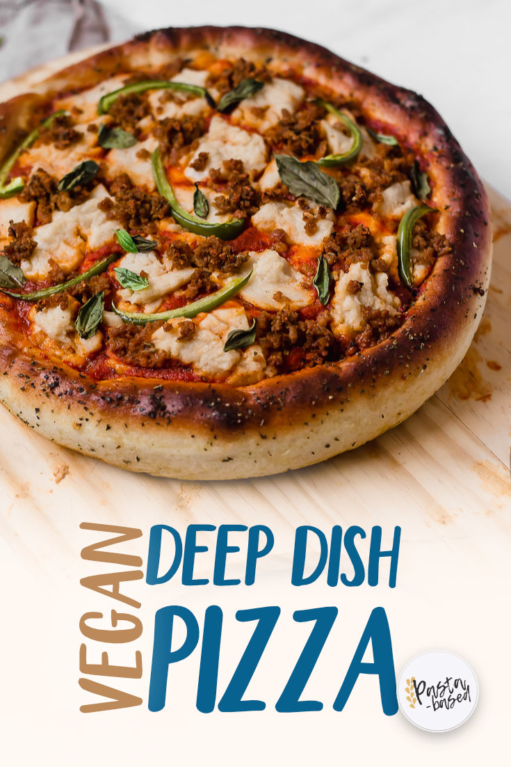 Make this recipe! It's vegan deep dish pizza baked in a HOT cast iron skillet with melted vegan mozzarella and homemade vegan sausage crumbles.