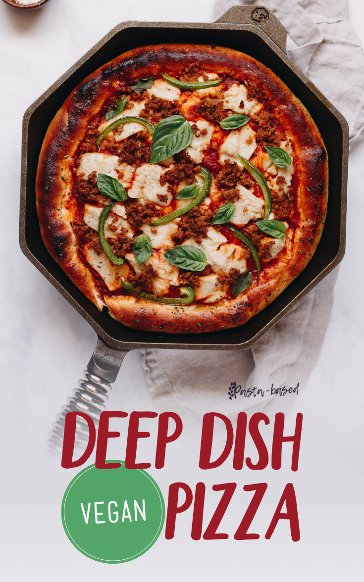 Make this recipe! It's vegan deep dish pizza baked in a HOT cast iron skillet with melted vegan mozzarella and homemade vegan sausage crumbles.