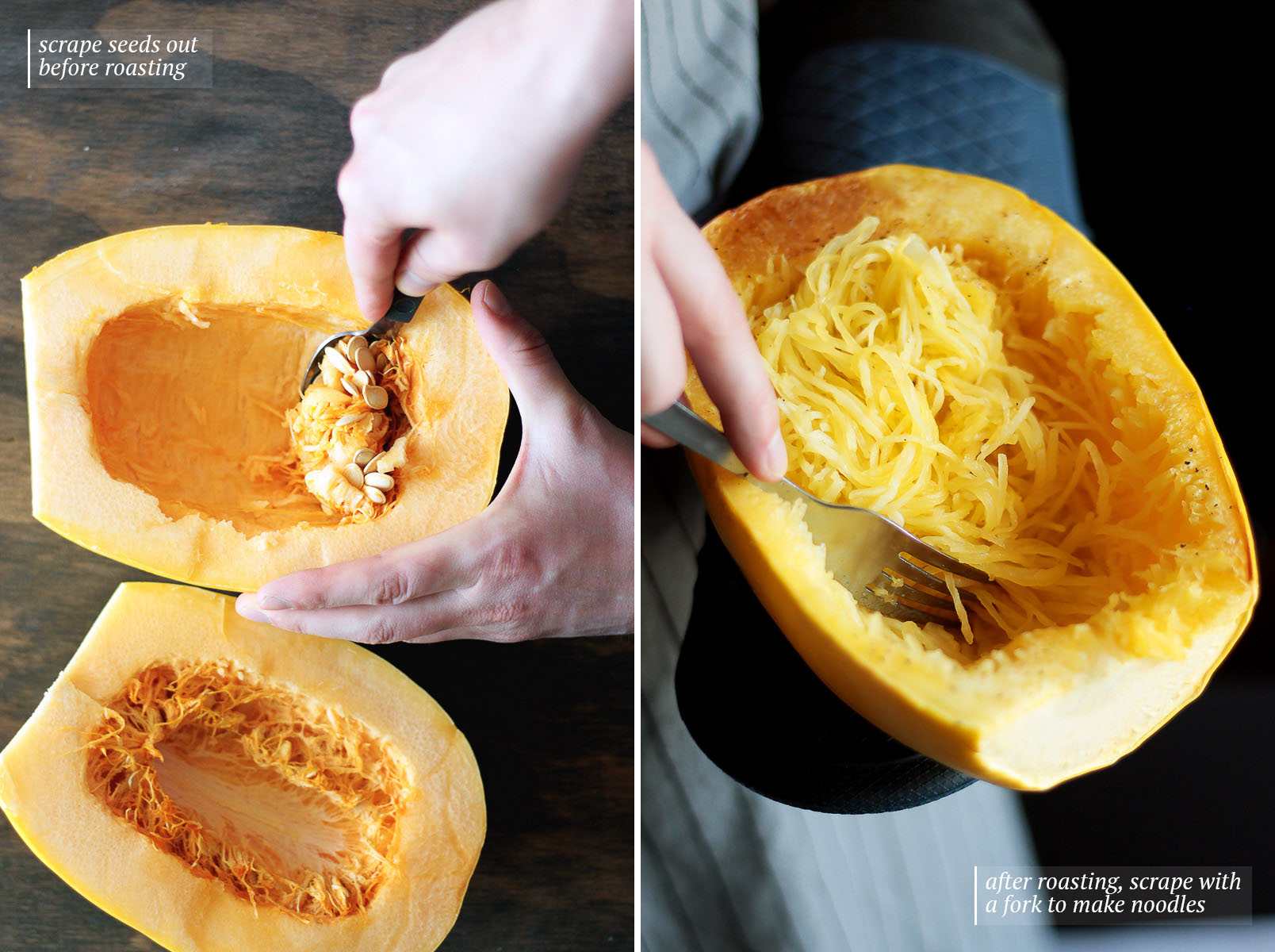 Spaghetti Squash Lasagna (Vegan and Gluten-free) by Pasta-based. A side-by-side photo of a spaghetti squash being prepared for the vegan lasagna. On the left, someone is scooping the seeds out of the center of a spaghetti squash cut in half. On the right, someone is using a fork to scrape the roasted squash into spaghetti squash noodles.