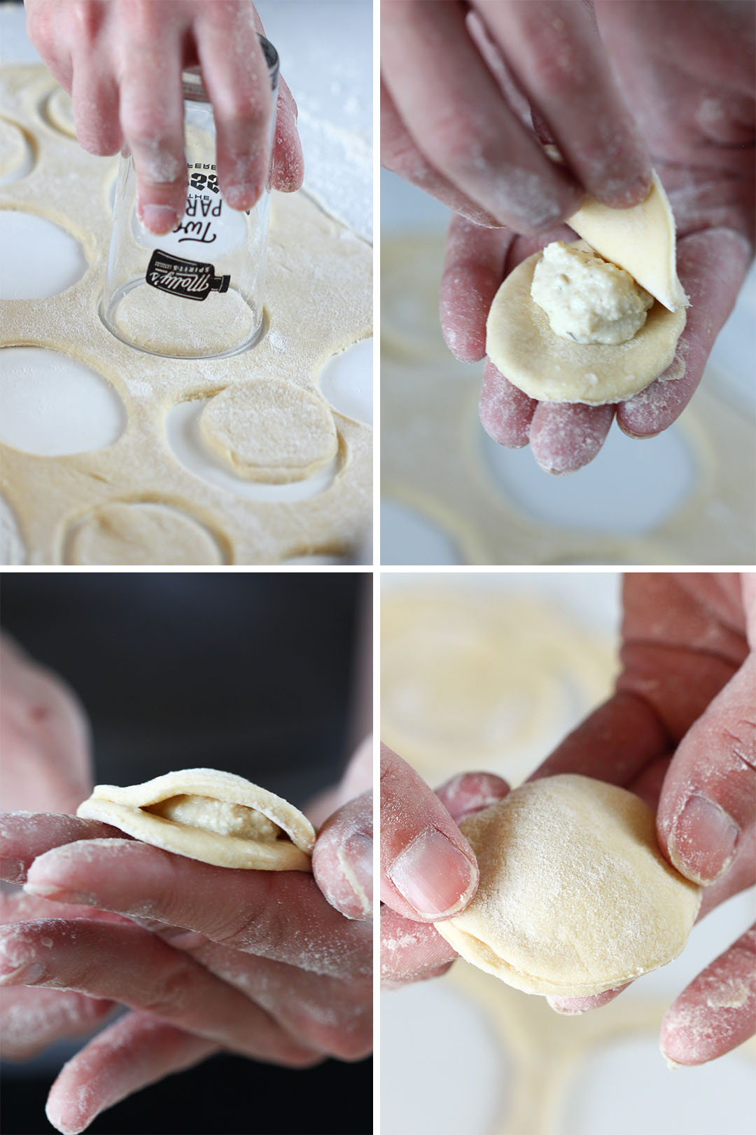 four photos showing the process of cutting the dough into a circle with a small cup and then eventually placing another circle dough piece over the filled ravioli and pinching shut.