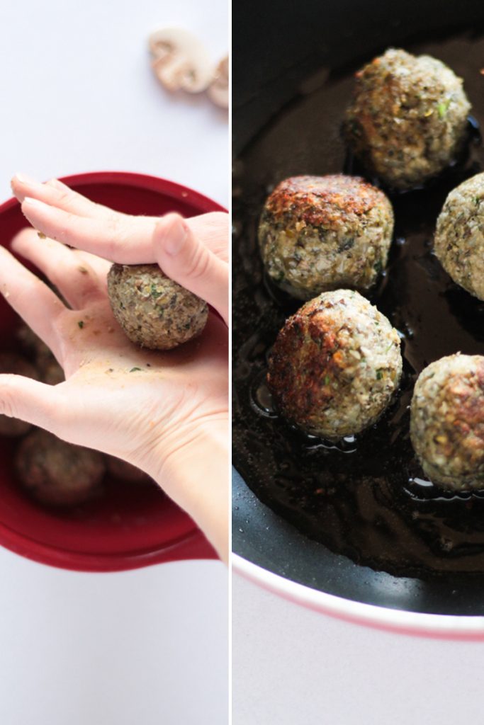 Hands hovering over a red mixing bowl full of lentil vegan meatball mixture. Hands are rolling the mixture into a perfect ball. The other half of the photo is a frying pan with oil that is frying rolled meatballs.