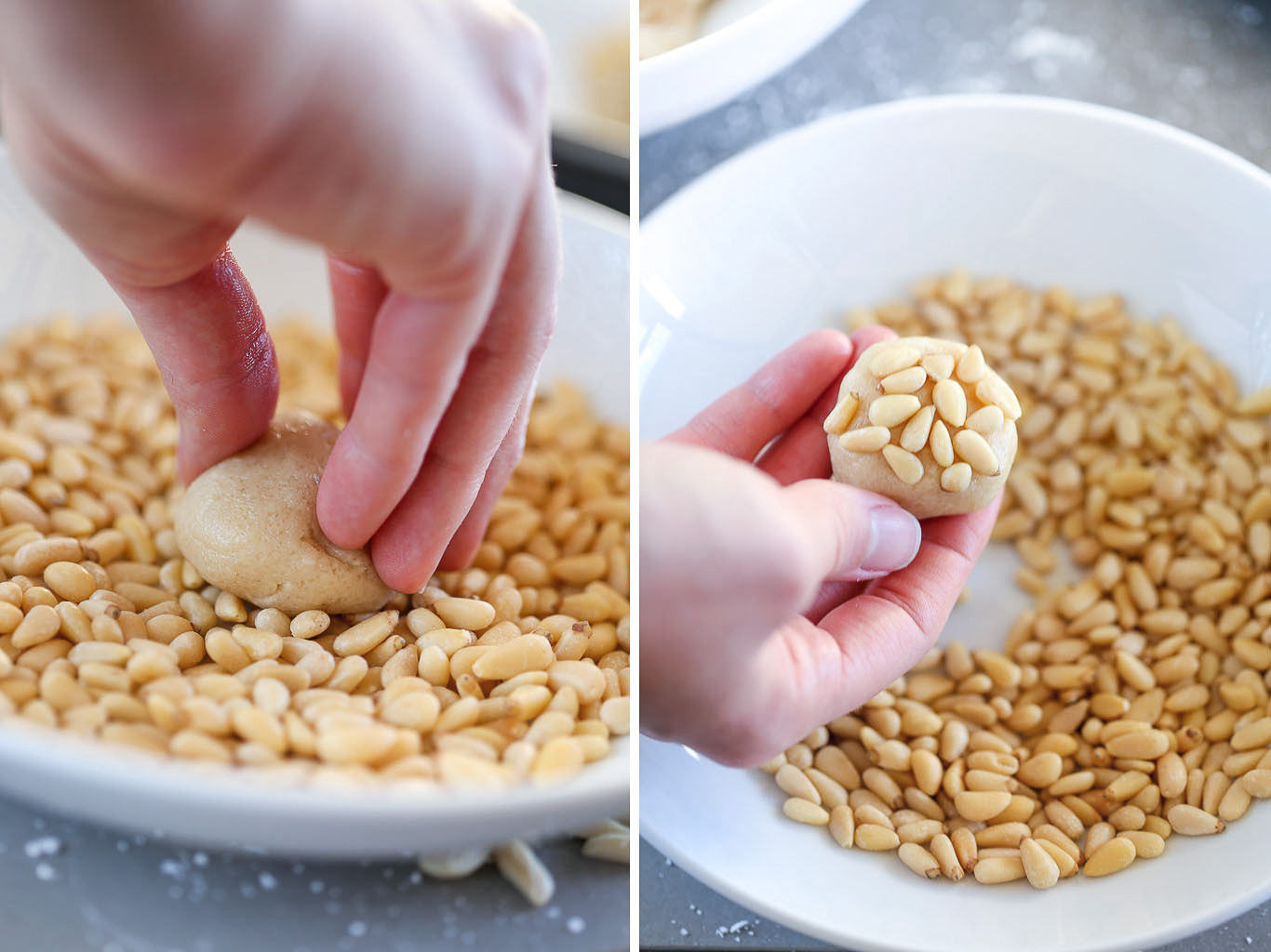 Diptych image of how to add pignoli nuts to the cookie dough. On the left, someone is smushing the cookie dough into a shallow bowl filled with pignoli nuts. On the right, the dough is being held up showing that the pignoli nuts are stuck on the cookie.