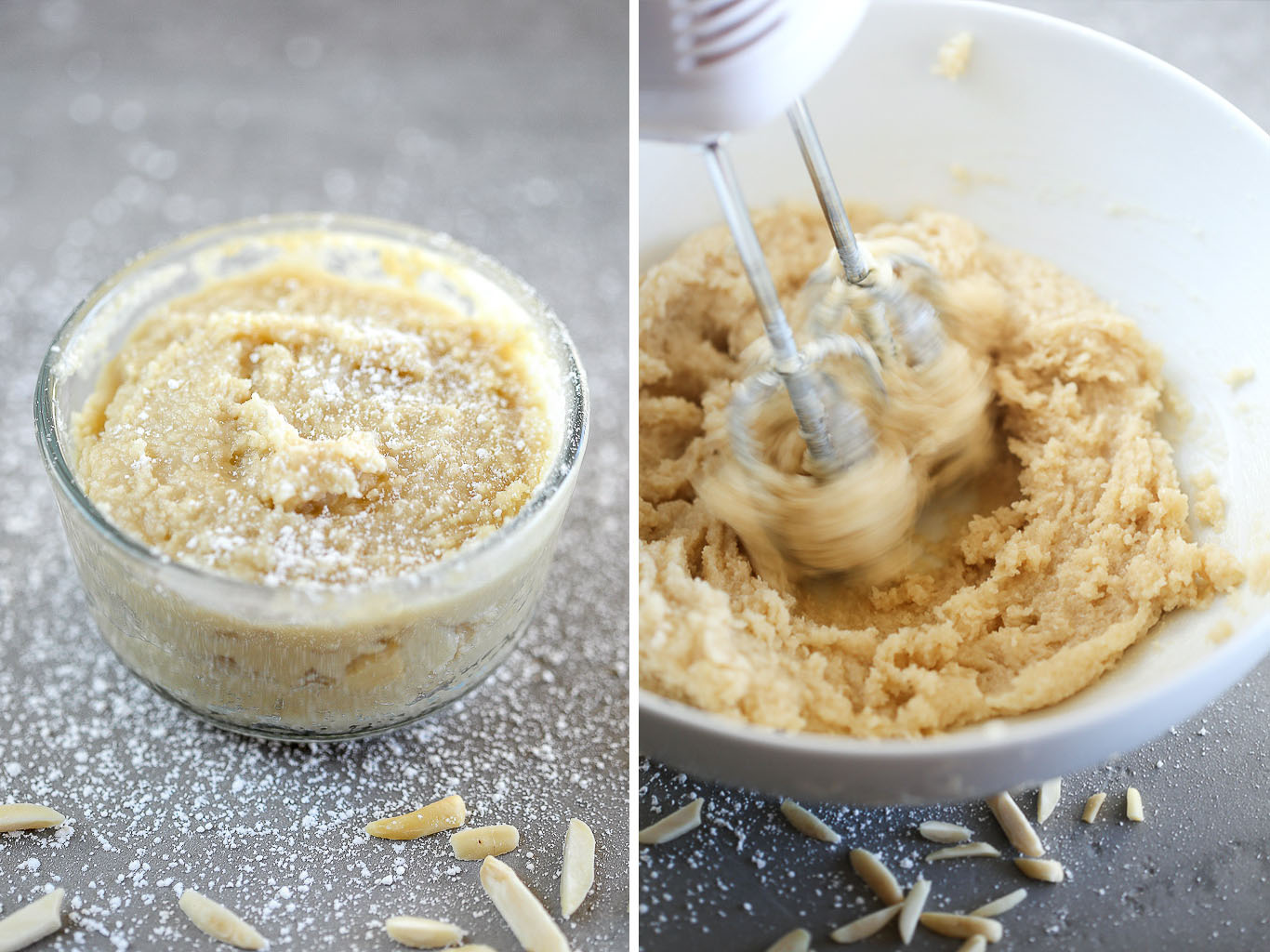 Diptych of a glass bowl of almond paste on the left side and a hand-mixer beating creamy cookie dough in a white bowl on the right side. 