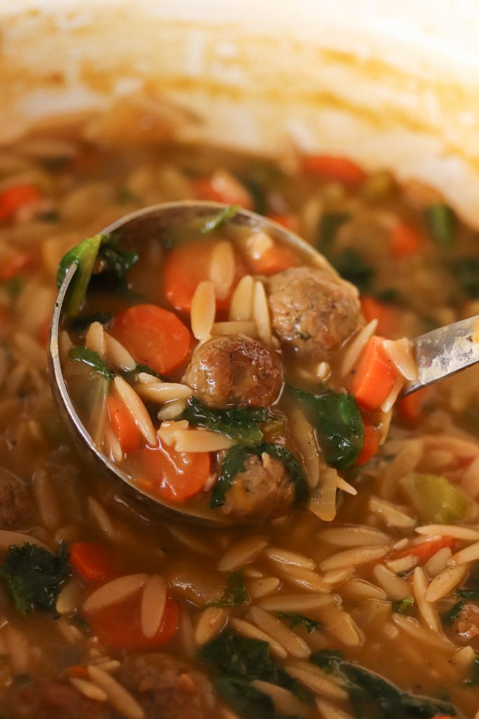 closeup of vegan meatballs inside ladle of soup.  Carrots and orzo floating around with escarole there as well.