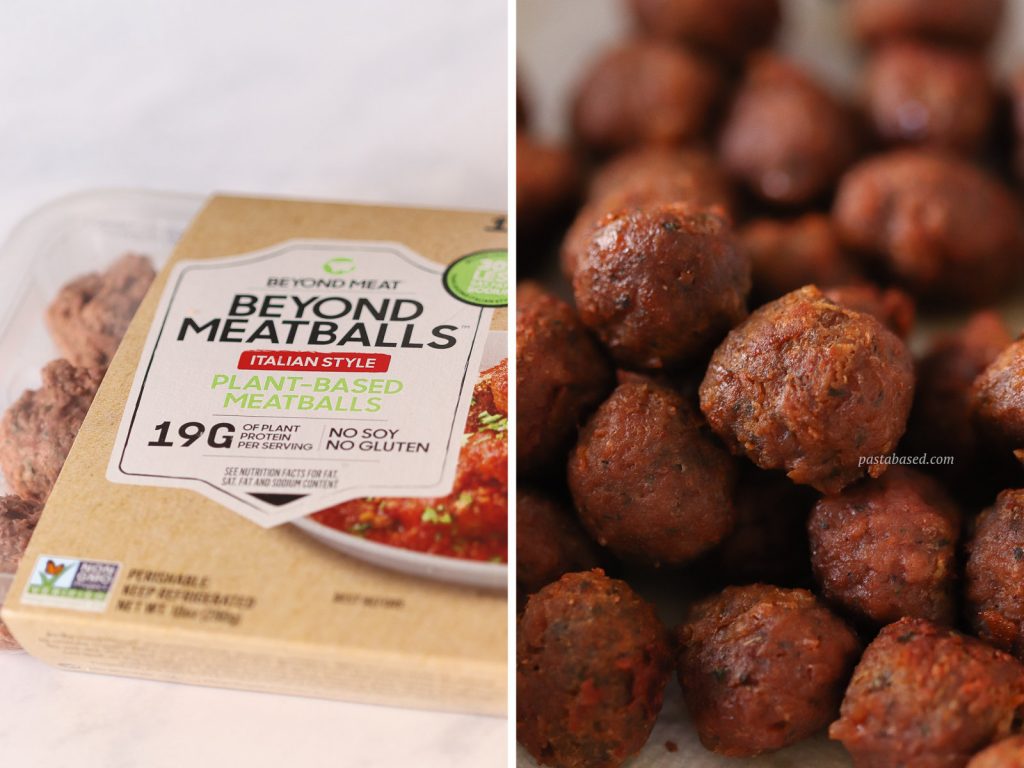 diptych image (side by side) of beyond meatballs package on the left and the cooked tiny vegan meatballs on the right.