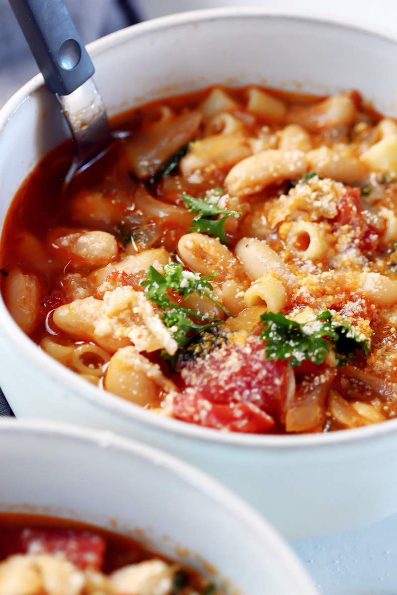 Pasta Fagioli by Pasta-based. White beans, ditalini pasta, fresh parsley, fresh marinara sauce, onions and garlic in vegetable broth makes this warm, hearty soup perfect for January.