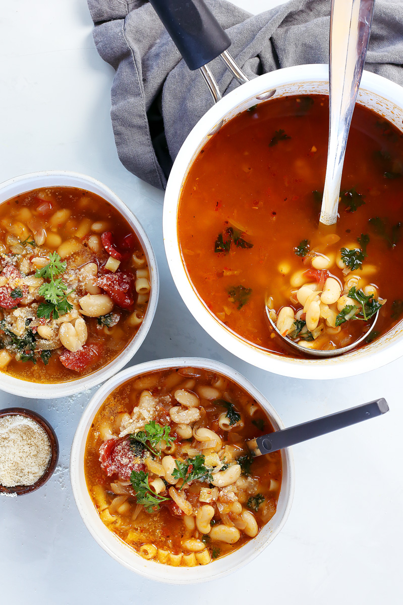 Pasta Fagioli by Pasta-based. White beans, ditalini pasta, fresh parsley, fresh marinara sauce, onions and garlic in vegetable broth makes this warm, hearty soup perfect for January.