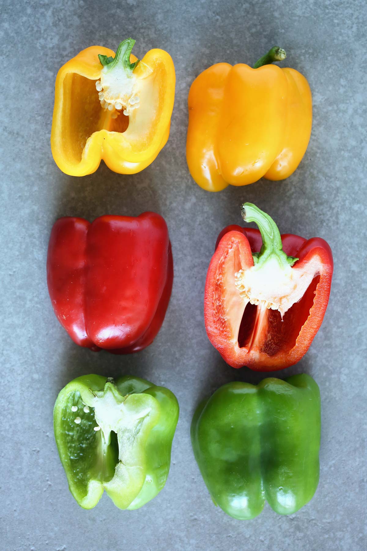 Bell peppers cut in half alternating colors.  Yellow, red then green.