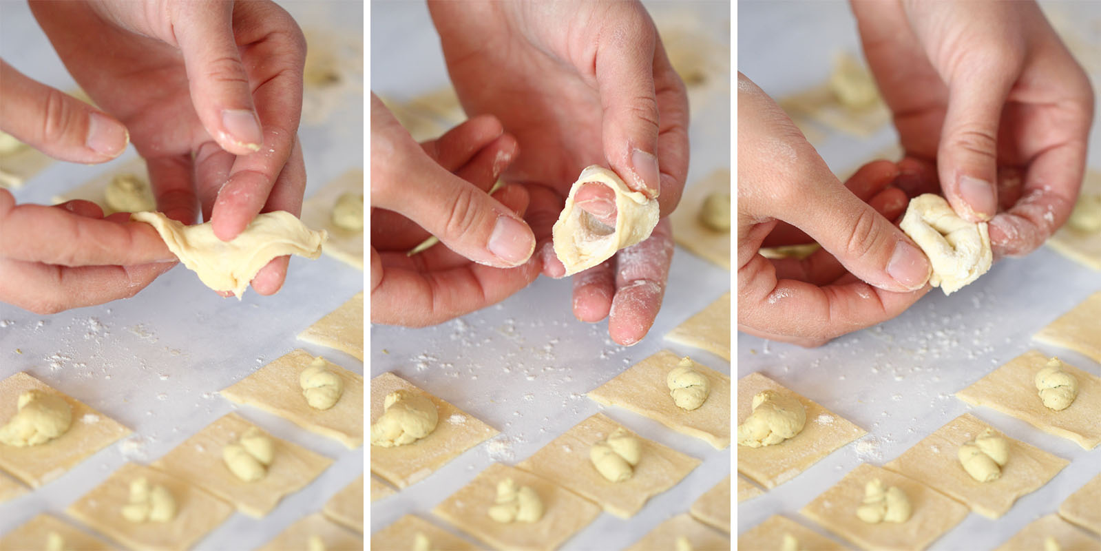 A three-in-one photo showing the process of folding tortellini. First, fold the square diagonally. Then, fold two corners over your finger and press to seal. Lastly, fold the remaining corner back and down.