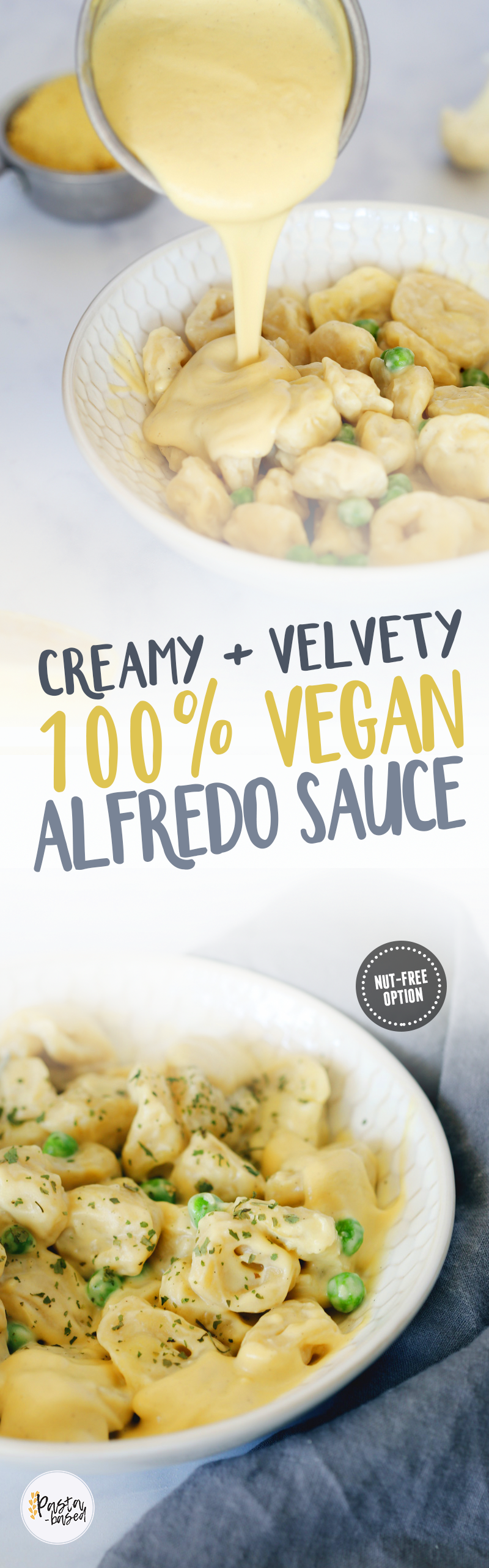 Creamy, velvety, easy to make, alfredo sauce that's 100% vegan! By Pasta-based. This plant-based alfredo sauce is made with 10 simple and natural ingredients including cauliflower, garlic, shallots, and nutritional yeast. That's right - no processed vegan cream cheese or butter!