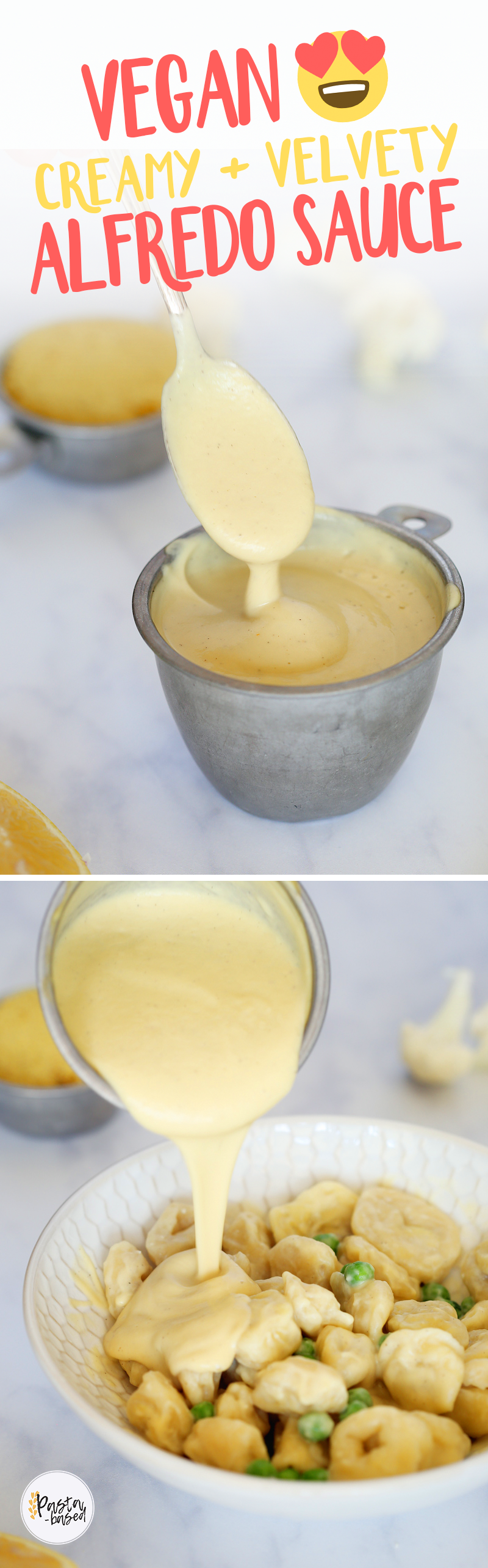 Alfredo sauce being poured on vegan tortellini.