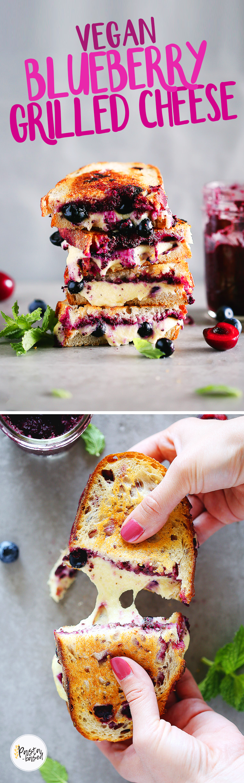 VEGAN. DAIRY-FREE. Grilled cheese with a tart blueberry spread by Pasta-based.