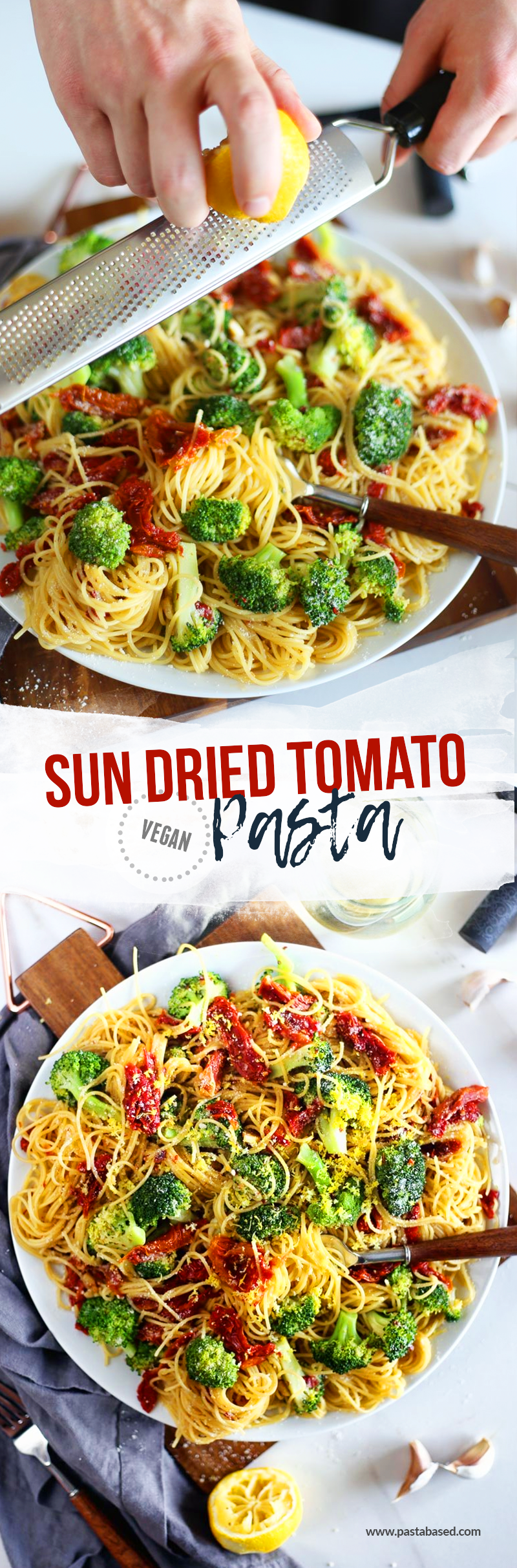 Vegan. This sun dried tomato pasta by Pasta-based is cooked in a light, brothy, white wine sauce. Tossed in angel hair pasta, broccoli florets, and topped with lemon zest. 