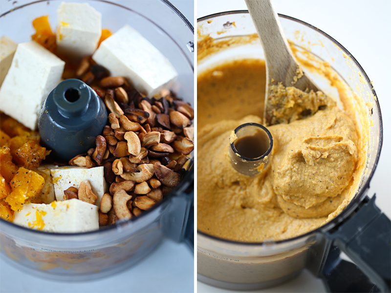 On the left, a photo of a food processor with butternut squash ravioli filling ingredients inside: firm tofu, roasted cashews, and roasted butternut squash. On the right, the same food processor with the butternut squash ravioli filling blended smooth.