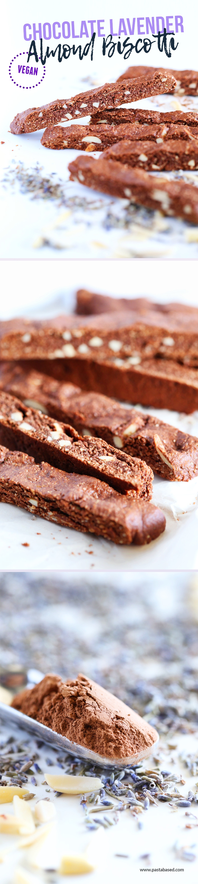 Simple chocolate almond biscotti with a touch of lavender by Pasta-based. Sweetened with maple syrup, easy to make, and deliciously vegan.