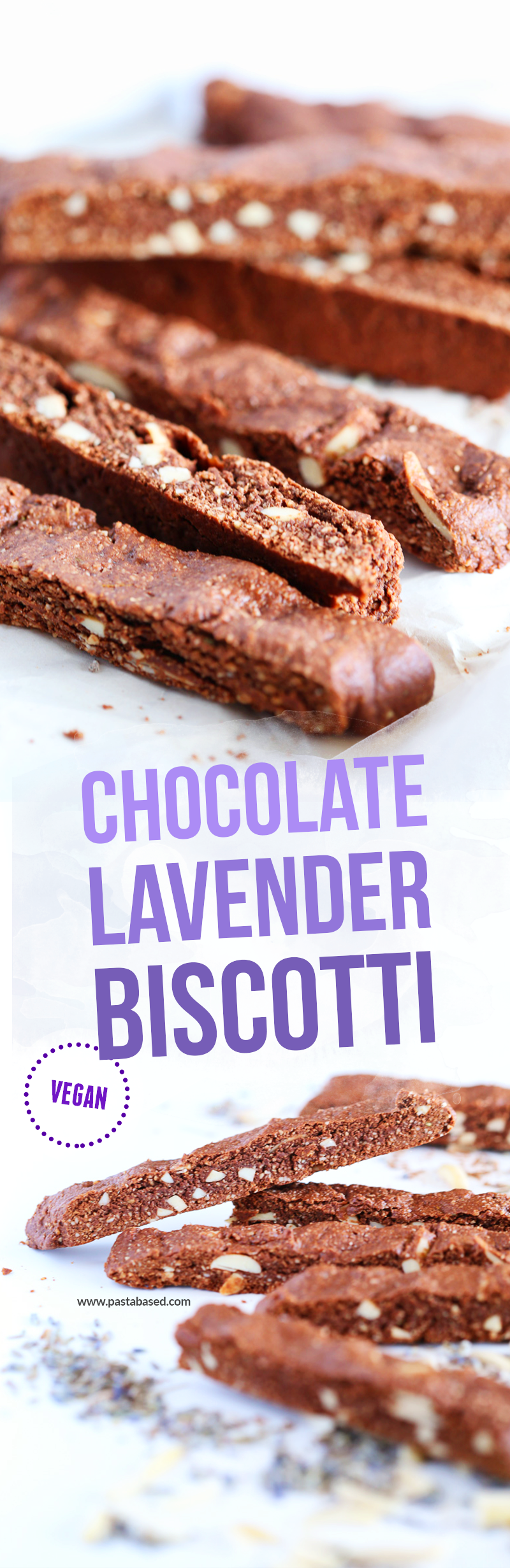 Simple chocolate almond biscotti with a touch of lavender by Pasta-based. Sweetened with maple syrup, easy to make, and deliciously vegan.