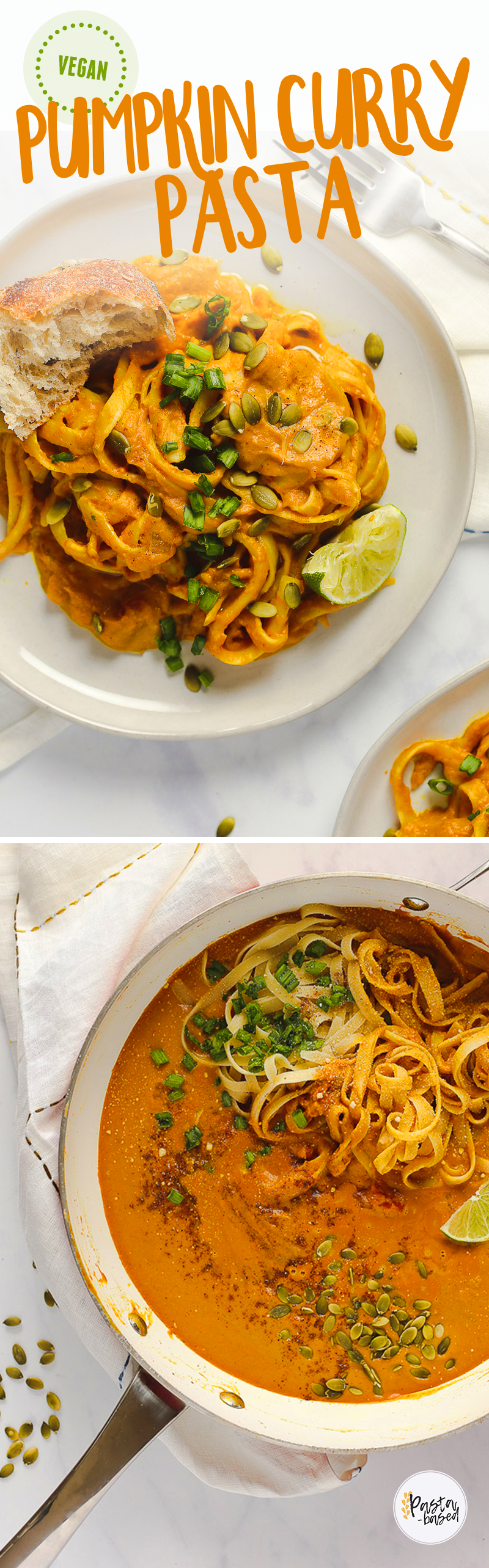 This Vegan Pumpkin Curry Pasta uses less than 10 ingredients and comes together in 15 minutes. Easy. Creamy. Cozy. Warm. Flavorful.