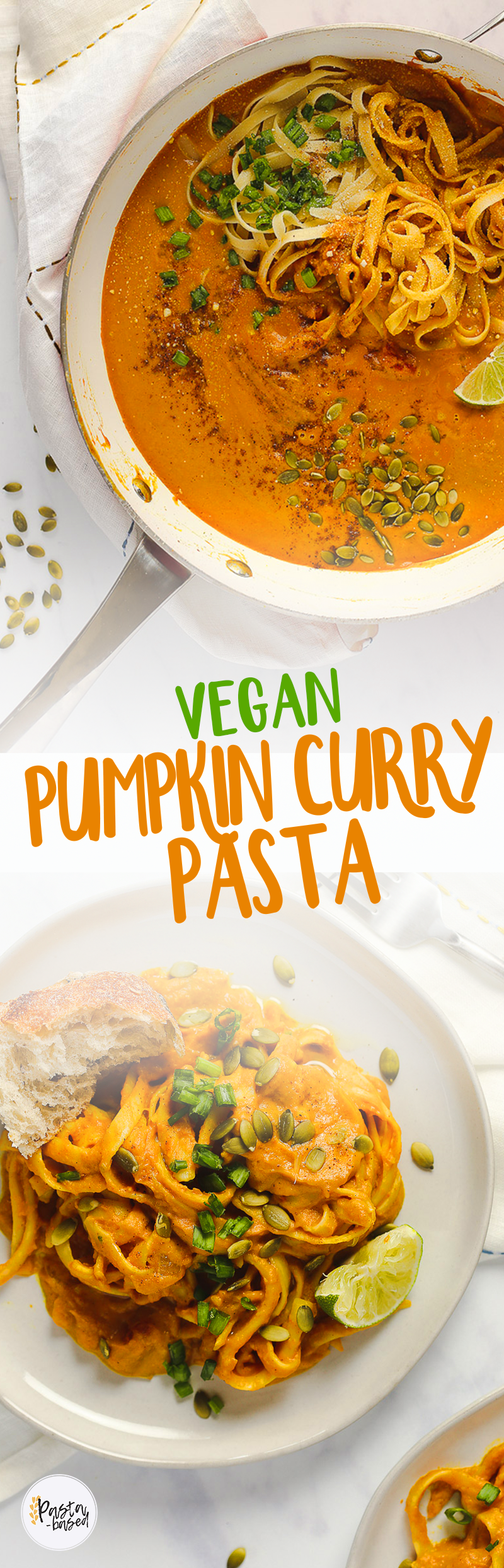 This Vegan Pumpkin Curry Pasta uses less than 10 ingredients and comes together in 15 minutes. Easy. Creamy. Cozy. Warm. Flavorful.